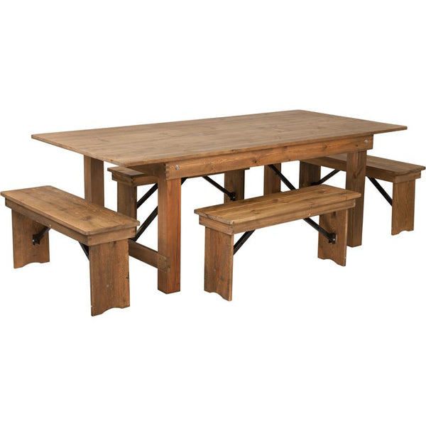HERCULES Series 7' x 40'' Antique Rustic Folding Farm Table and Four Bench Set - Flash Furniture