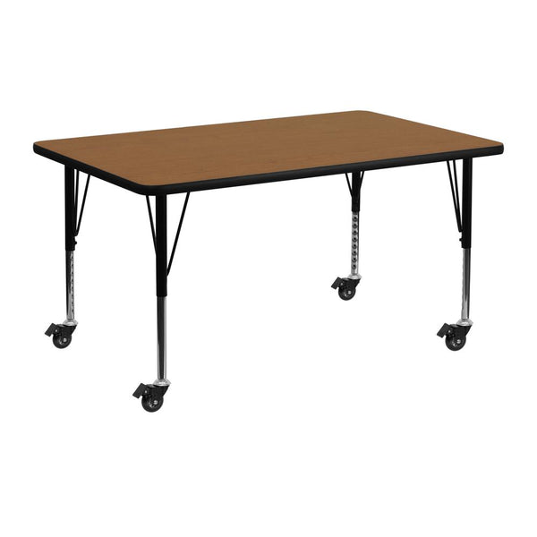 Mobile 24''W x 48''L Rectangular Oak Thermal Laminate Activity Table - Height Adjustable Short Legs - Flash Furniture