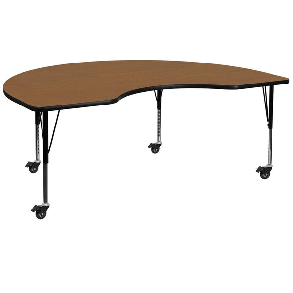 Mobile 48''W x 72''L Kidney Oak Thermal Laminate Activity Table - Height Adjustable Short Legs - Flash Furniture